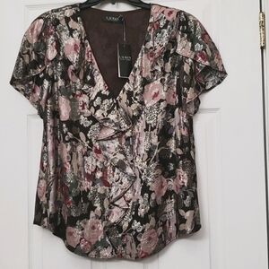 Lauren Ralph Lauren Women's Ruffle Floral Metallic Blouse. ‎ Size L